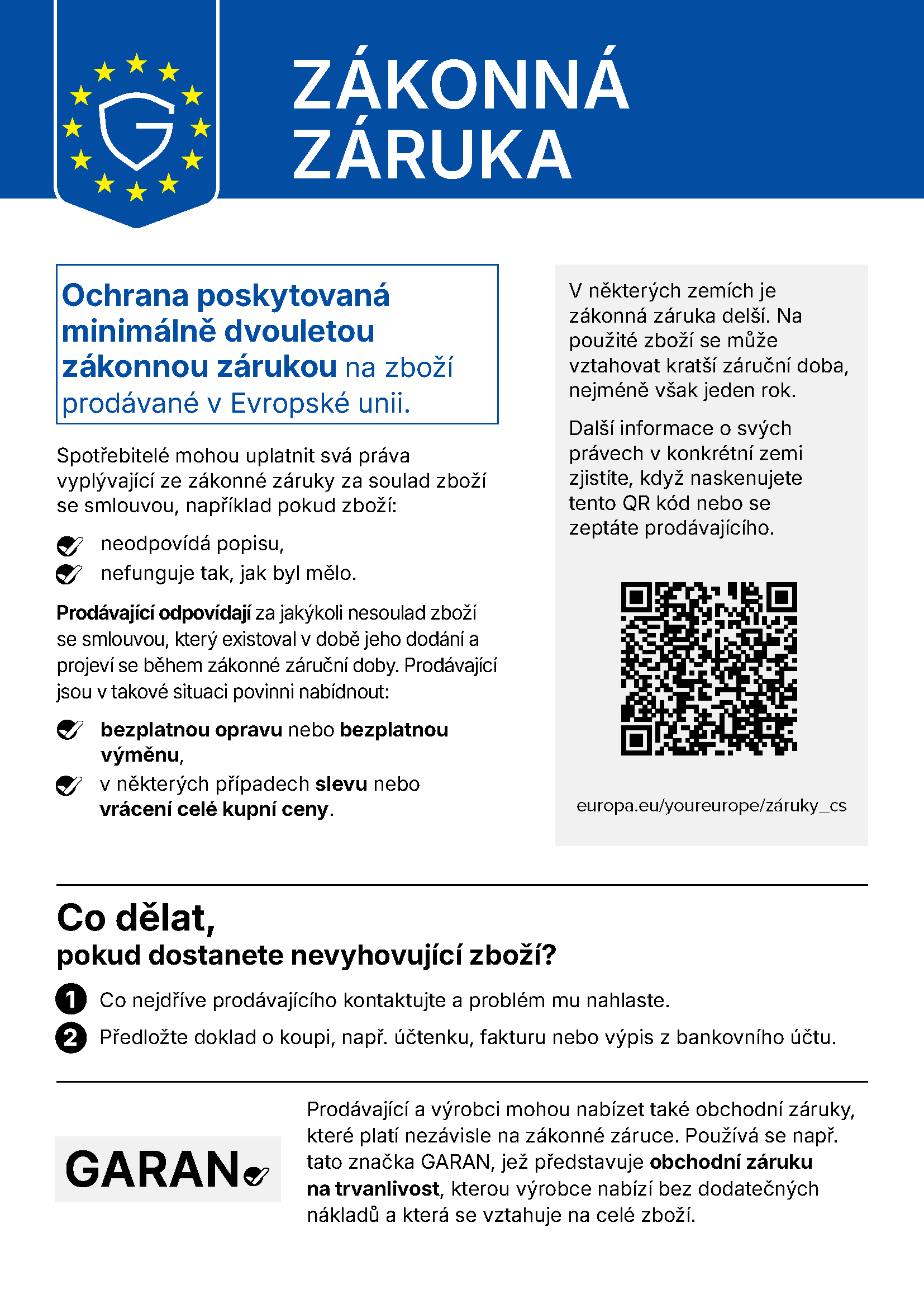 Ochrana poskytovaná minimálně dvouletou zákonnou zárukou na zboží prodávané v Evropské unii – harmonizované oznámení EU o zákonné záruce.
