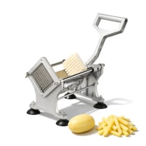 Ručný krájač na ovocie a zeleninu – hranolky so 4 krájacími nadstavcami 6/7/9/14 mm, pákové ovládanie bez elektriny, rozmery 31×29×22,5 cm.️