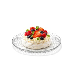 Dezertní talíř Ø 174 mm z čirého skla s elegantním reliéfním vzorem. Ideální pro servírování dezertů a předkrmů v gastro provozech i domácnostech.