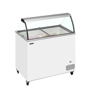 Mrazák na kopečkovou zmrzlinu Tefcold IC302SC-SO s objemem 255 l, LED osvětlením a teplotou -24 až -14 °C. Ideální pro menší gastro provozy.