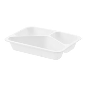 Zatavovací třídílná menu miska 227 × 178 × 50 mm v bílém provedení na omáčky, přílohy a jídla s sebou. Balení obsahuje 50 ks.