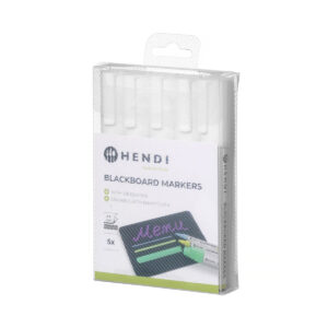 Bílé popisovače na tabuli Hendi 664209 v sadě 5 ks. Šikmý hrot 2–6 mm, vhodné na menu tabule, cenovky a neporézní povrchy.
