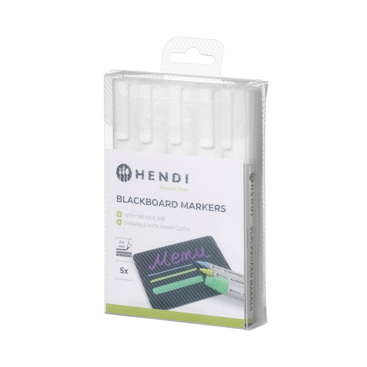 Bílé popisovače na tabuli Hendi 664209 v sadě 5 ks. Šikmý hrot 2–6 mm, vhodné na menu tabule, cenovky a neporézní povrchy.