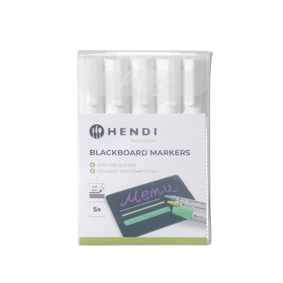 Bílé popisovače na tabuli Hendi 664209 v sadě 5 ks. Šikmý hrot 2–6 mm, vhodné na menu tabule, cenovky a neporézní povrchy.