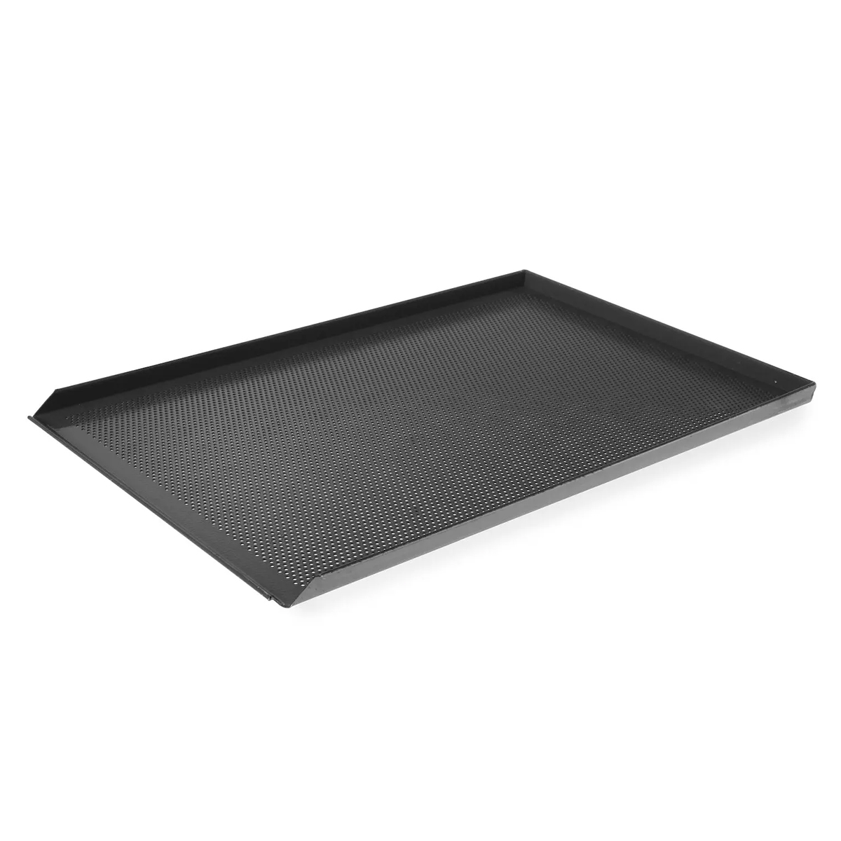 Perforovaný hliníkový plech se 3 stěnami 600 × 400 mm s nepřilnavým PTFE povlakem. Praktické řešení pro pečení v gastronomickém provozu.