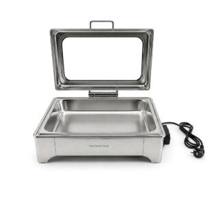 Elektrický chafing s proskleným víkem 9 l GN 1/1 z nerezové oceli je ideální pro výdej a udržování teplých pokrmů v gastro provozech.
