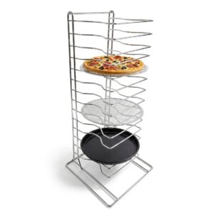 Stojan na plechy na pizzu s 15 úrovněmi z chromovaného železa. Praktické řešení pro přehledné uložení plechů v gastro provozech.
