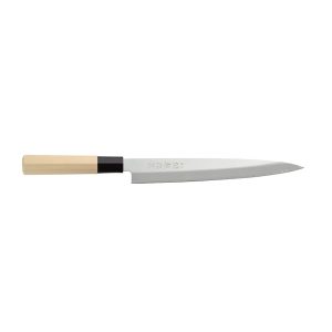 Japonský nůž Sashimi 335 mm s čepelí 210 mm, jednostranným ostřím a světle dubovou rukojetí. Ideální na sushi a sashimi.