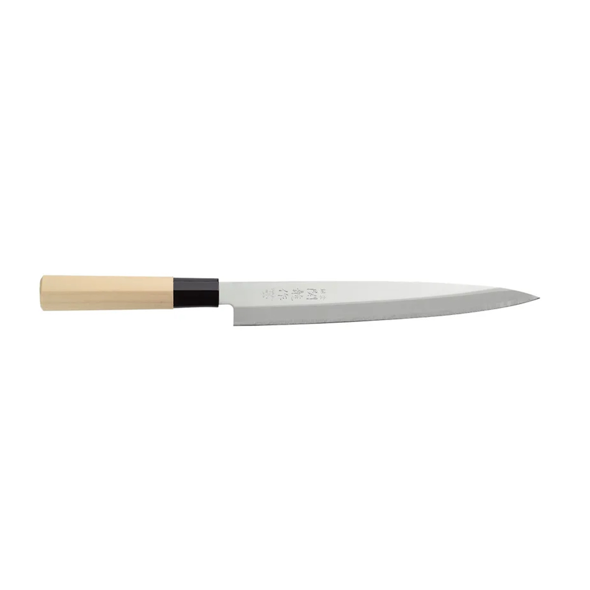 Japonský nůž Sashimi 335 mm s čepelí 210 mm, jednostranným ostřím a světle dubovou rukojetí. Ideální na sushi a sashimi.