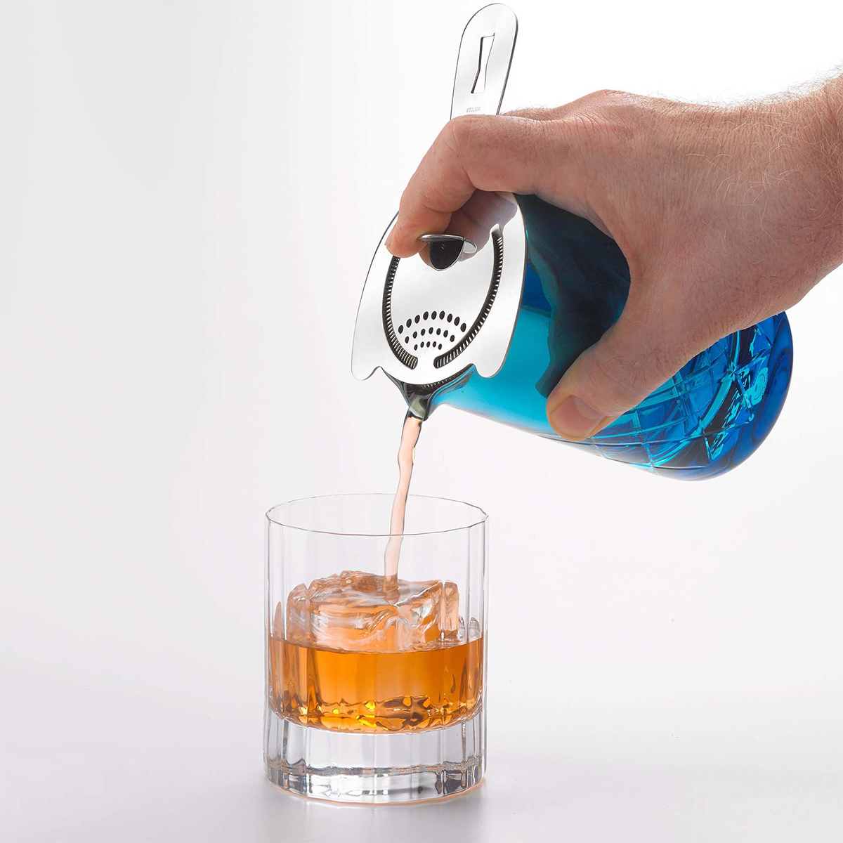 Modrá skleněná barmanská sklenice BarFly 500 ml s výlevkou a diamantovým vzorem.