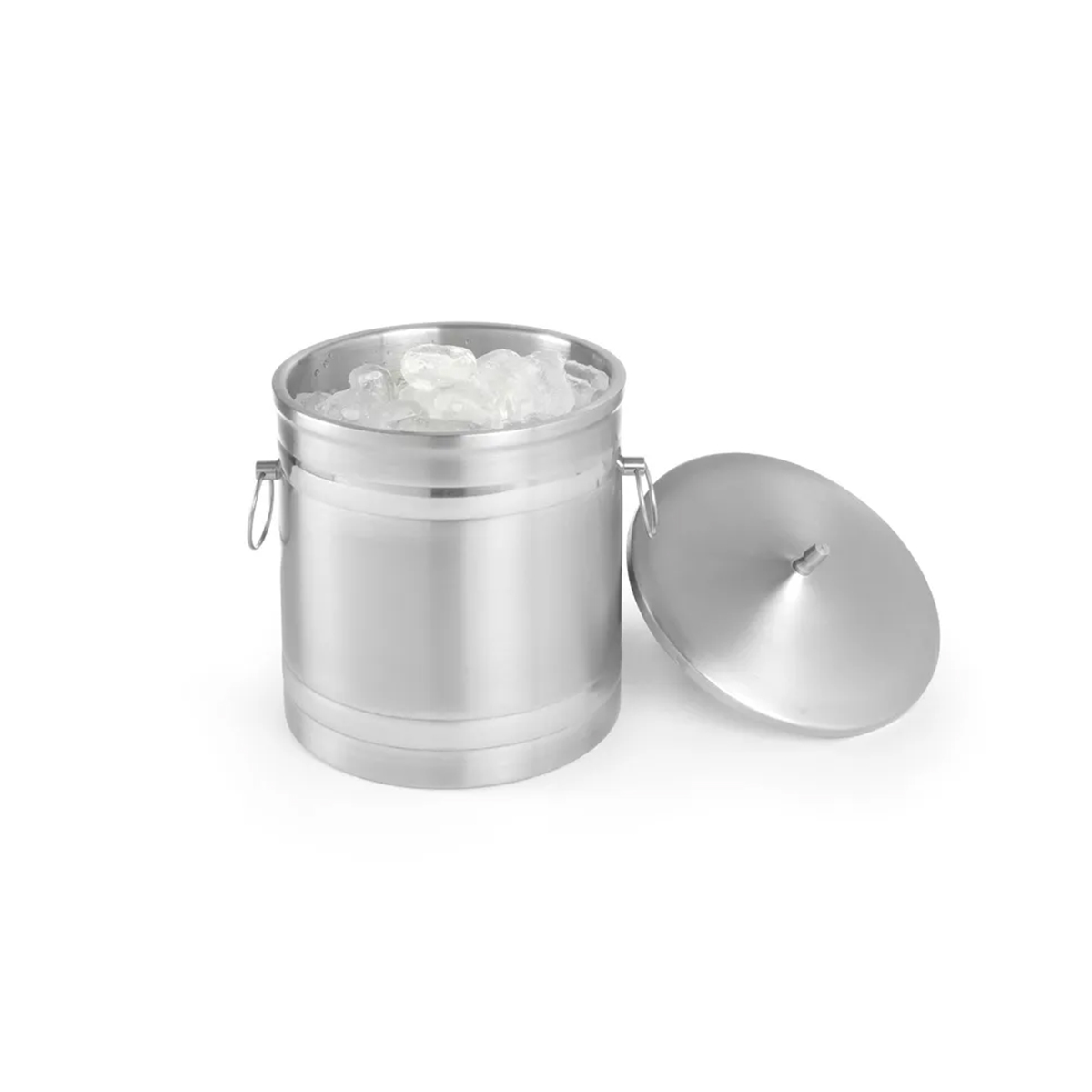 Dvoustěnná nádoba na led z nerezové oceli, 5 l, s víkem a rukojeťmi.