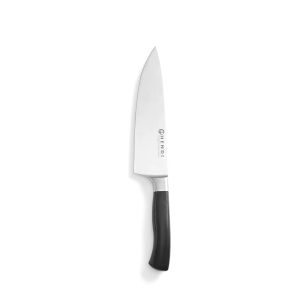 Kuchařský nůž s 200 mm čepelí z nerezové oceli X50CrMoV15 a černou POM rukojetí.