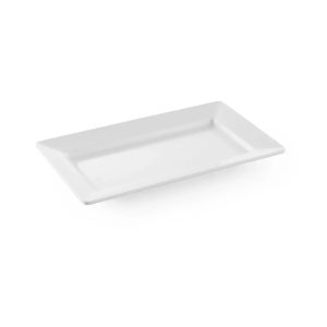 Bílý elegantní obdélníkový servírovací talíř 360x205x38 mm z melaminu.