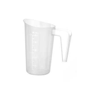 Průhledná polypropylenová odměrka 0,5 l se stupnicí a rukojetí, stohovatelná.