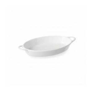 Bílá oválná porcelánová zapékací mísa s uchy, stohovatelná.