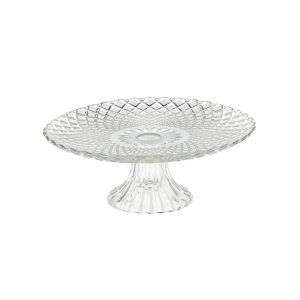 Kulatý skleněný servírovací podnos s průměrem 25 cm a výškou 10 cm, s ozdobným vzorem.