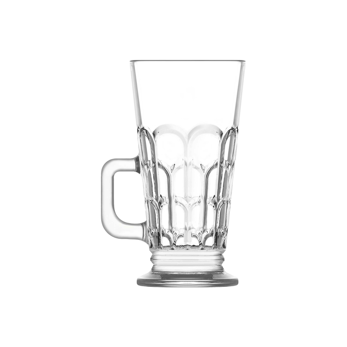 Čirý skleněný hrnek Archie na latte s uchem a dekorativním vzorem, 260 ml.
