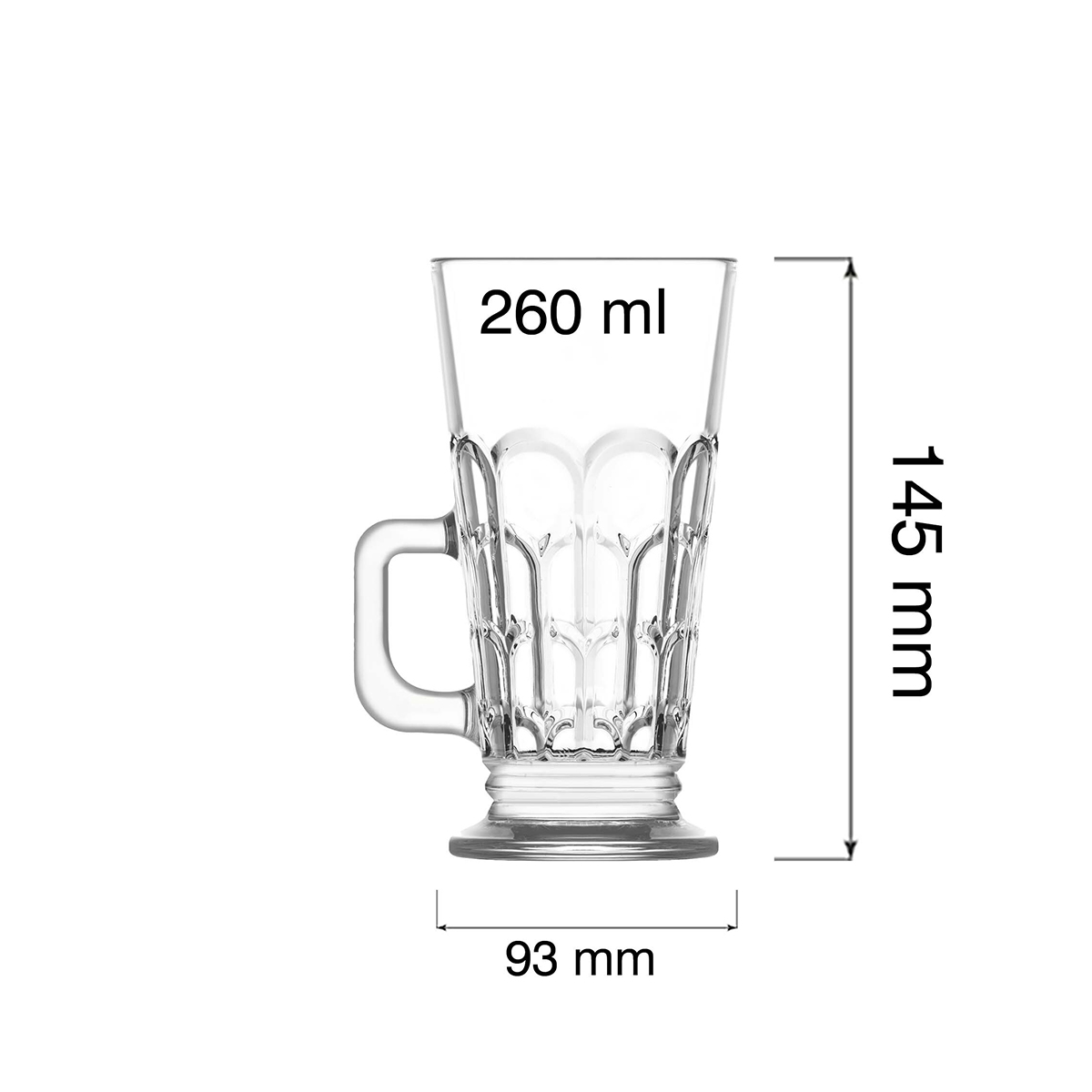 Čirý skleněný hrnek Archie na latte s uchem a dekorativním vzorem, 260 ml.