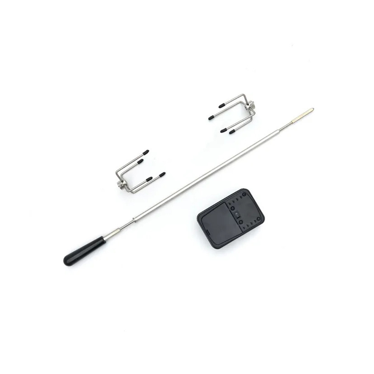Černý kruhový grilovací rožeň s nerezovou tyčí a vidlicemi pro gril 56 cm.