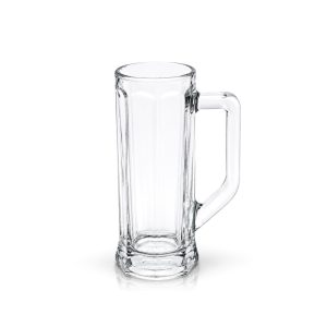 Vysoký průhledný skleněný krýgl na pivo s uchem a silným stabilním dnem.