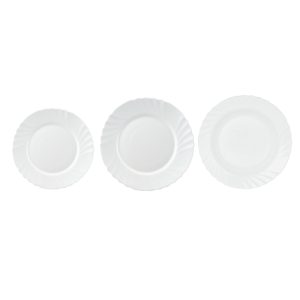 Bílá jídelní sada z porcelánu s vlnitým okrajem, 18 ks talířů: hluboké, mělké, dezertní.