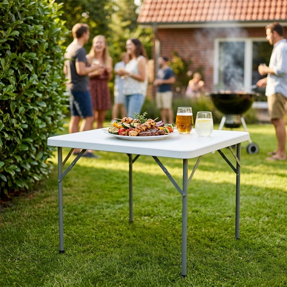 Bílý čtvercový skládací cateringový stůl z HDPE polyetylenu s kovovými nohami.
