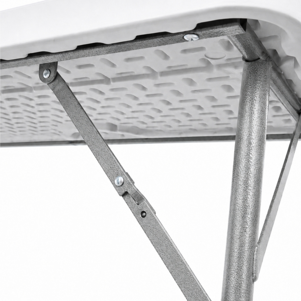 Bílý čtvercový skládací cateringový stůl z HDPE polyetylenu s kovovými nohami.