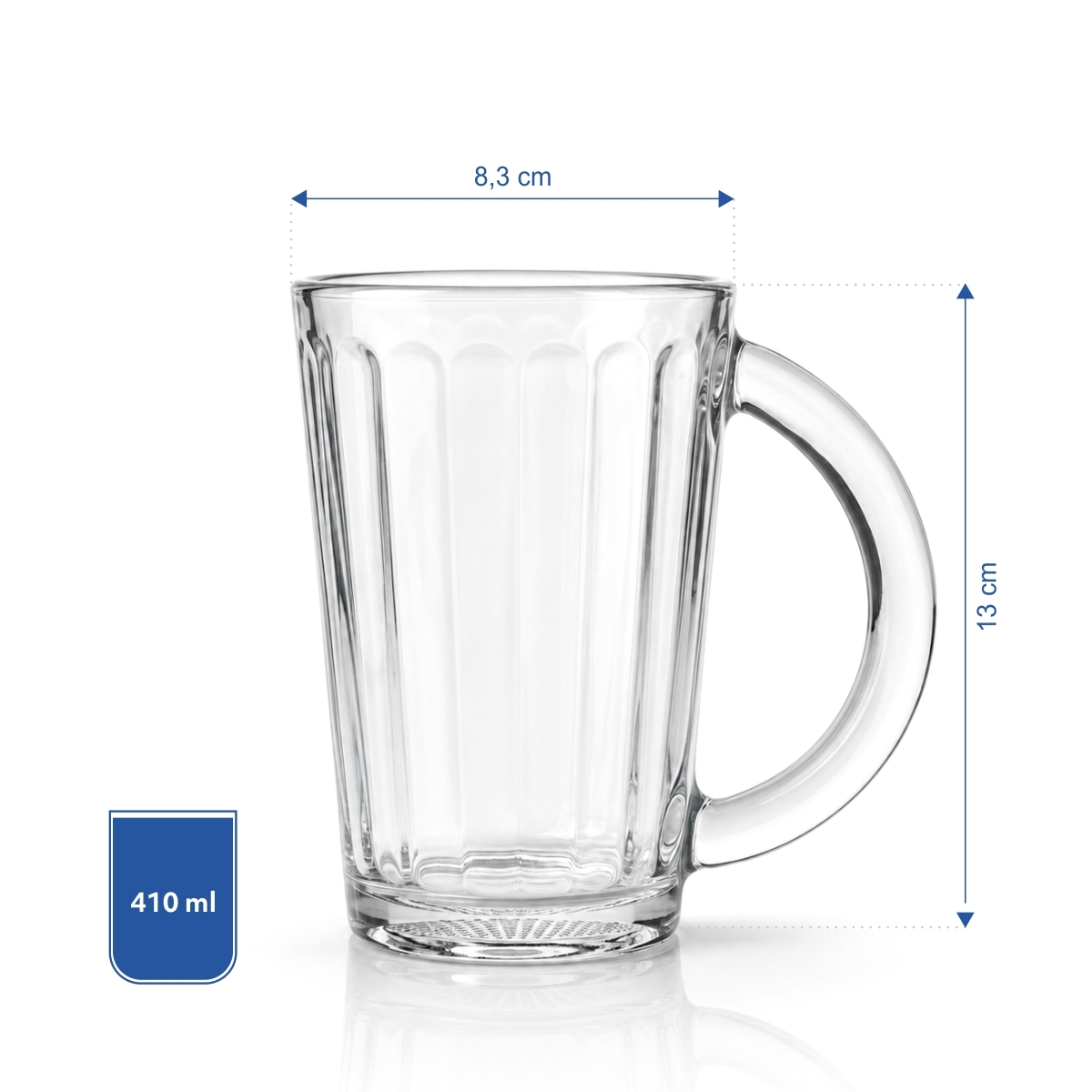 Sklenice s uchem, objemem 330 ml a vertikálním reliéfním dizajnem.