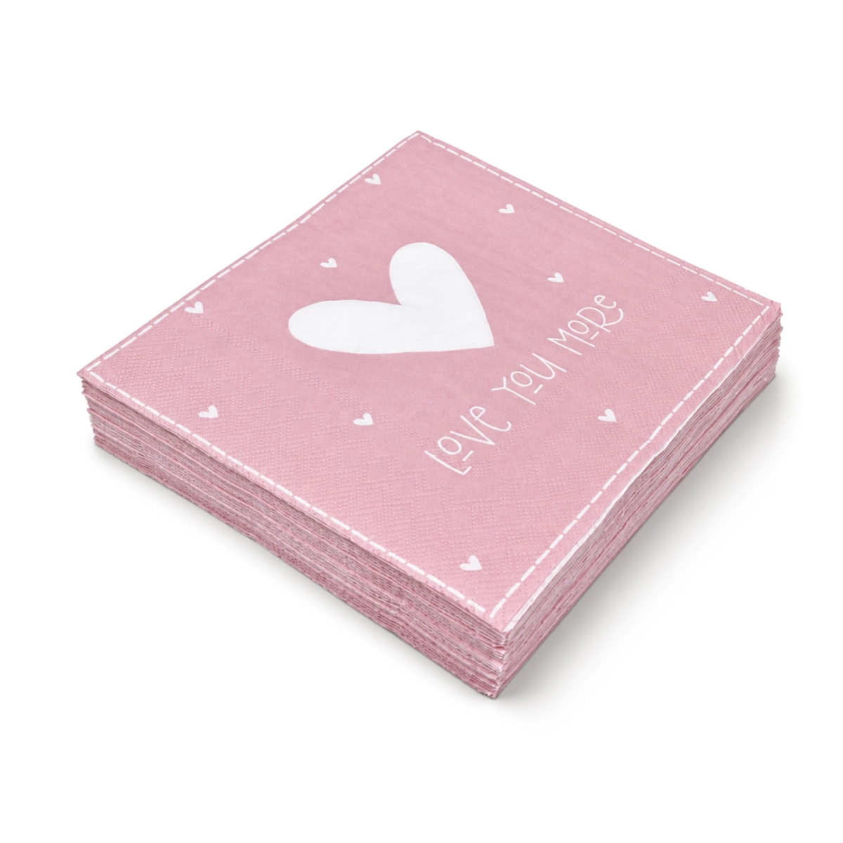 Růžové 3vrstvé papírové ubrousky s bílým srdcem a nápisem Love you more, 33x33 cm, 20 ks.