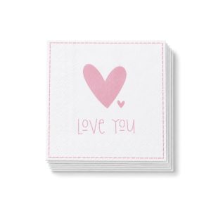 Bílý 3vrstvý papírový ubrousek s růžovým srdcem a nápisem Love You, 33x33 cm. Balení 20 kusů.