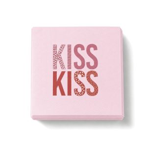 Světle růžové 3vrstvé papírové ubrousky 33 x 33 cm s nápisem Kiss v různých odstínech růžové.