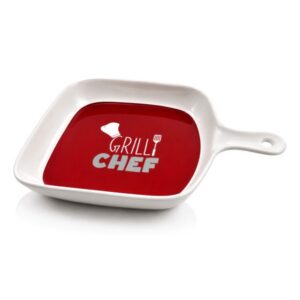 Bílá keramická servírovací miska s rukojetí, červeným vnitřkem a motivem Grill Chef.