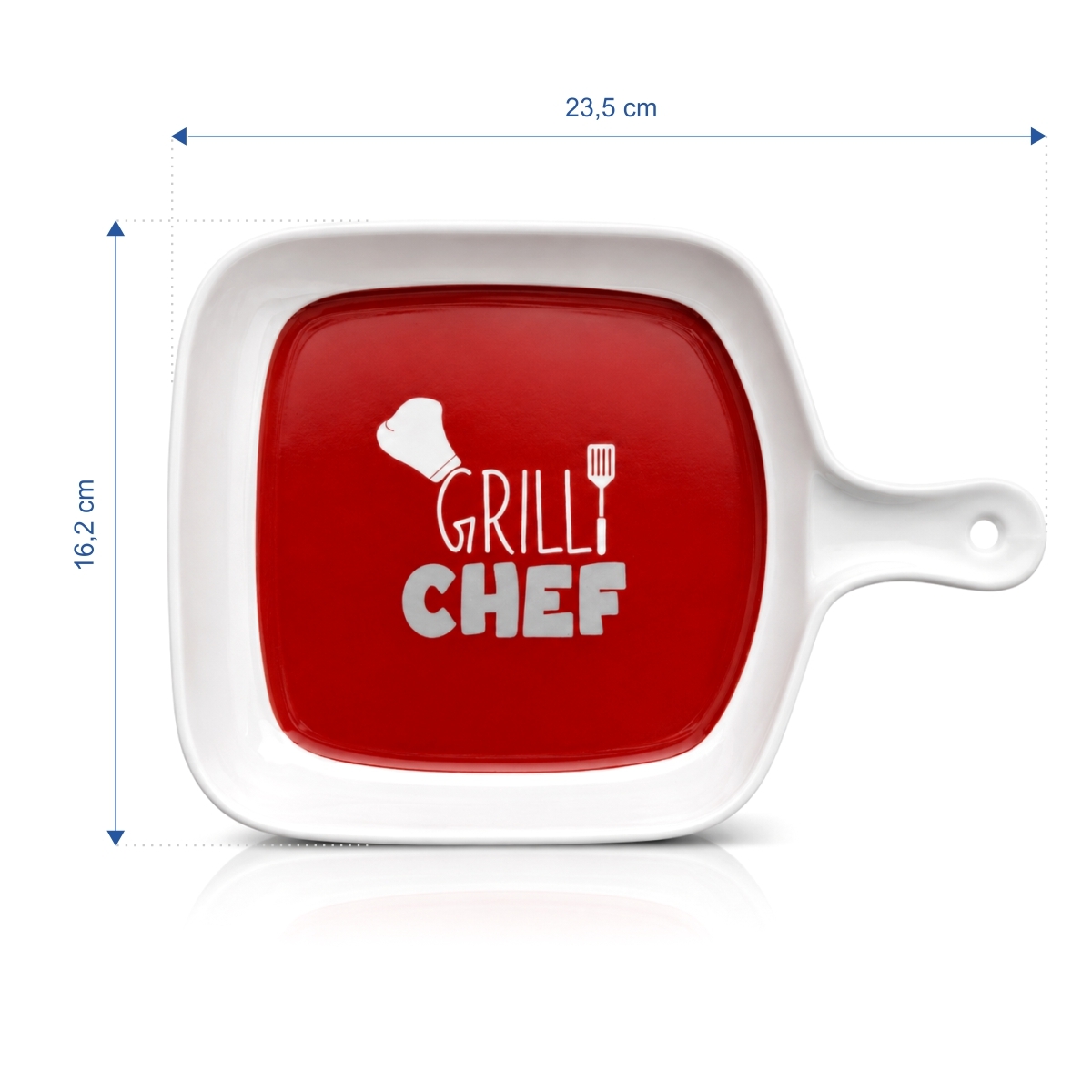 Bílá keramická servírovací miska s rukojetí, červeným vnitřkem a motivem Grill Chef.