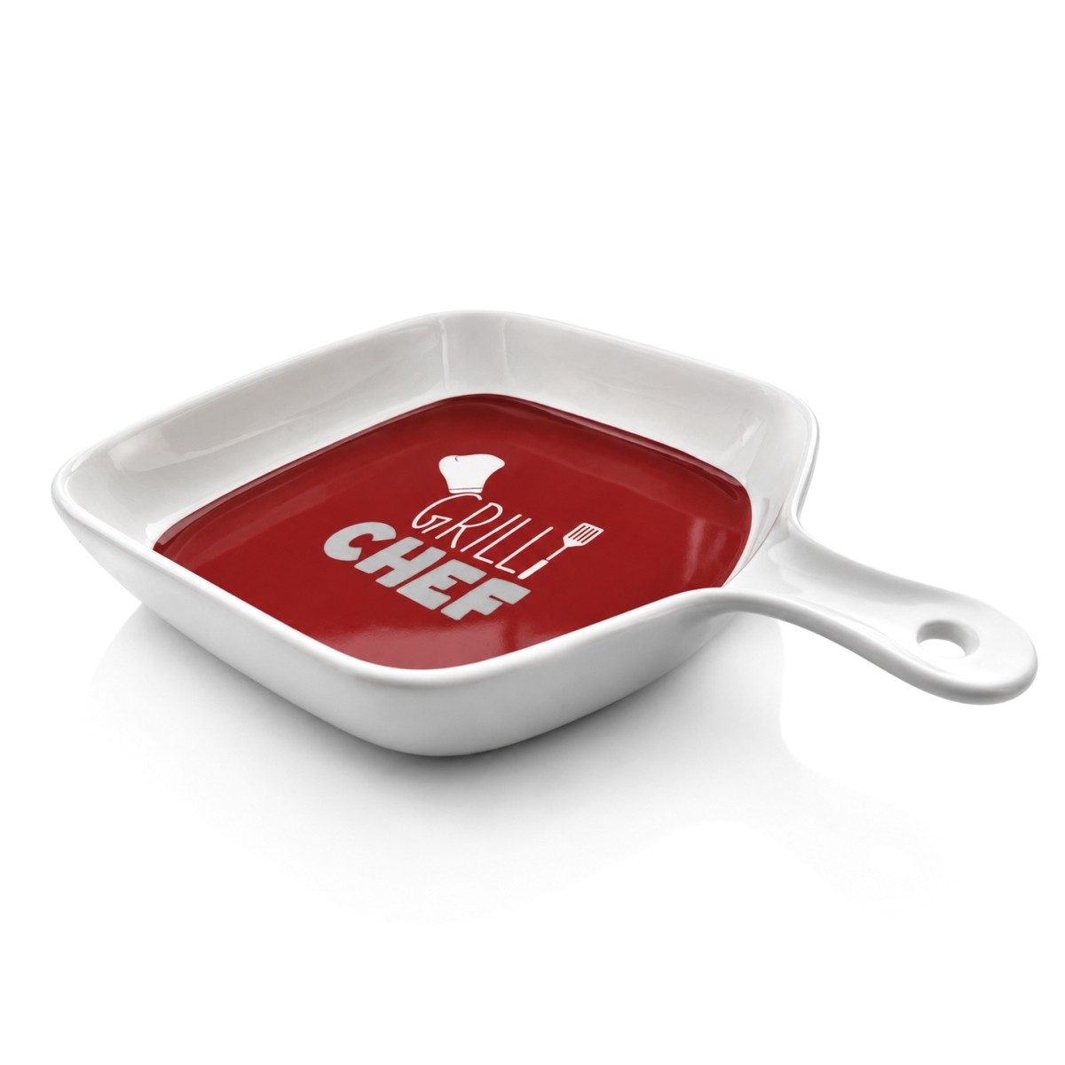 Bílá keramická servírovací miska s rukojetí, červeným vnitřkem a motivem Grill Chef.