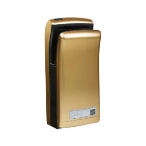 Automatický elektrický vysoušeč rukou, zlatý, s moderním kovovým designem pro hygienické sušení.