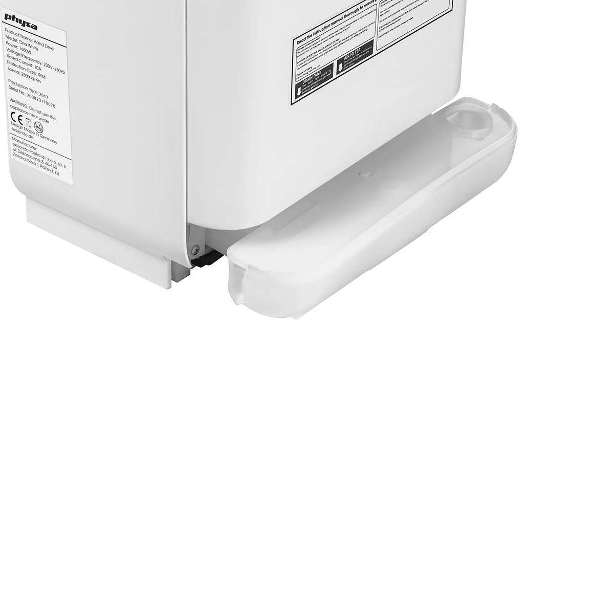 Moderní bílý automatický sušič rukou z plastu, 1650 W, s volbou teplého/studeného vzduchu.
