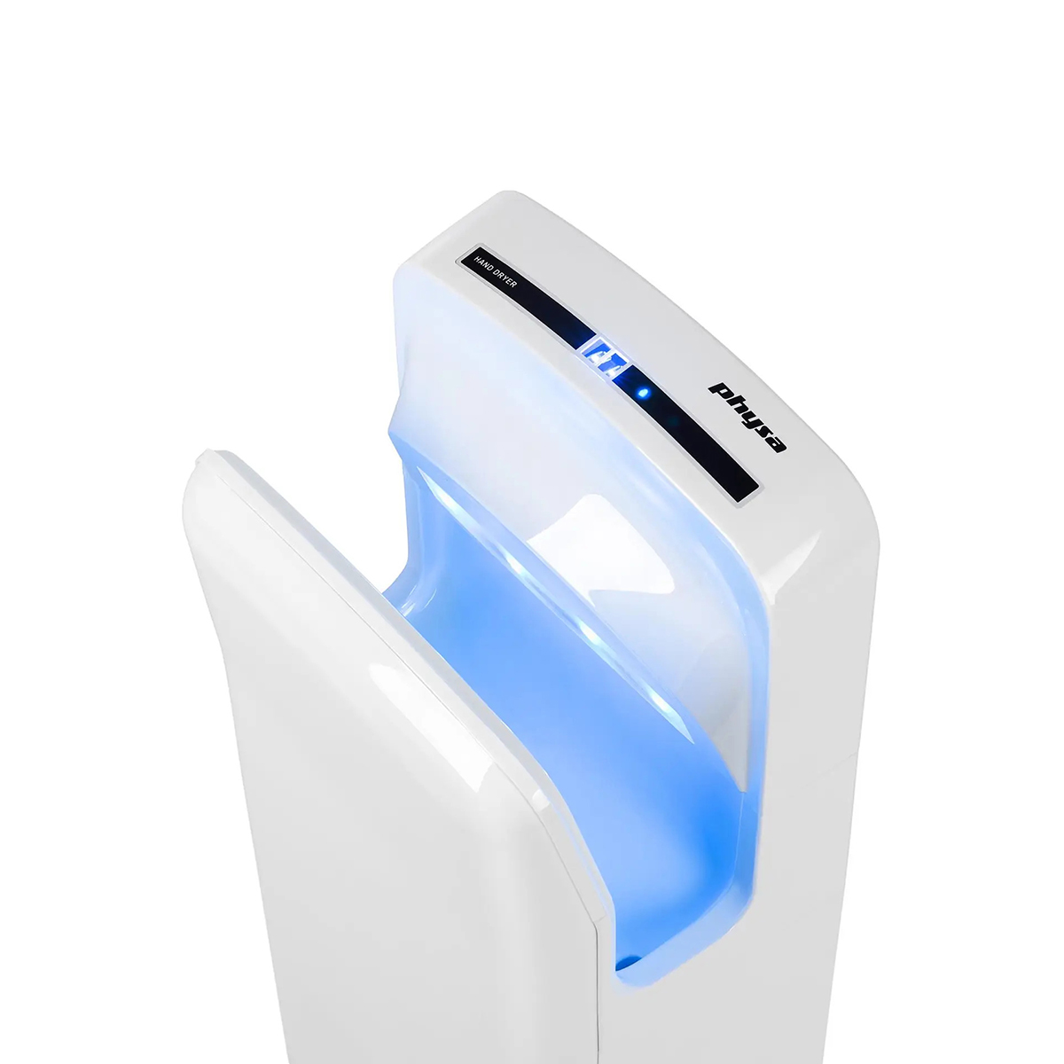 Moderní bílý automatický sušič rukou z plastu, 1650 W, s volbou teplého/studeného vzduchu.
