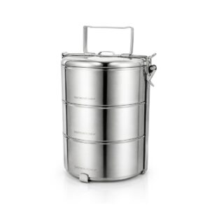 Třípatrový nerezový obědový box Gastrokitchen s praktickou rukojetí a bočním uzávěrem, 4,5 l.