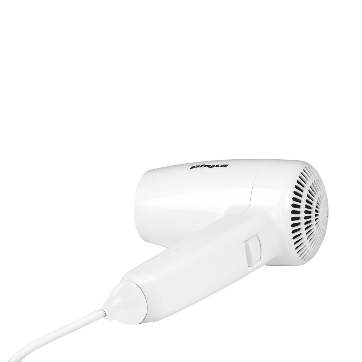 Kompaktní bílý nástěnný fén Physa 1200W s integrovanou zásuvkou na holicí strojek.