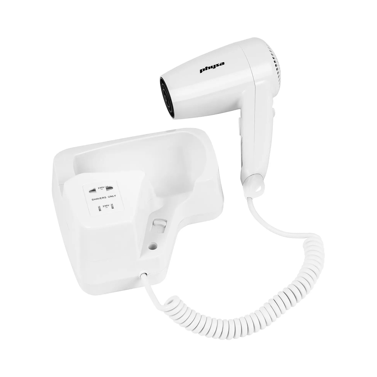 Kompaktní bílý nástěnný fén Physa 1200W s integrovanou zásuvkou na holicí strojek.