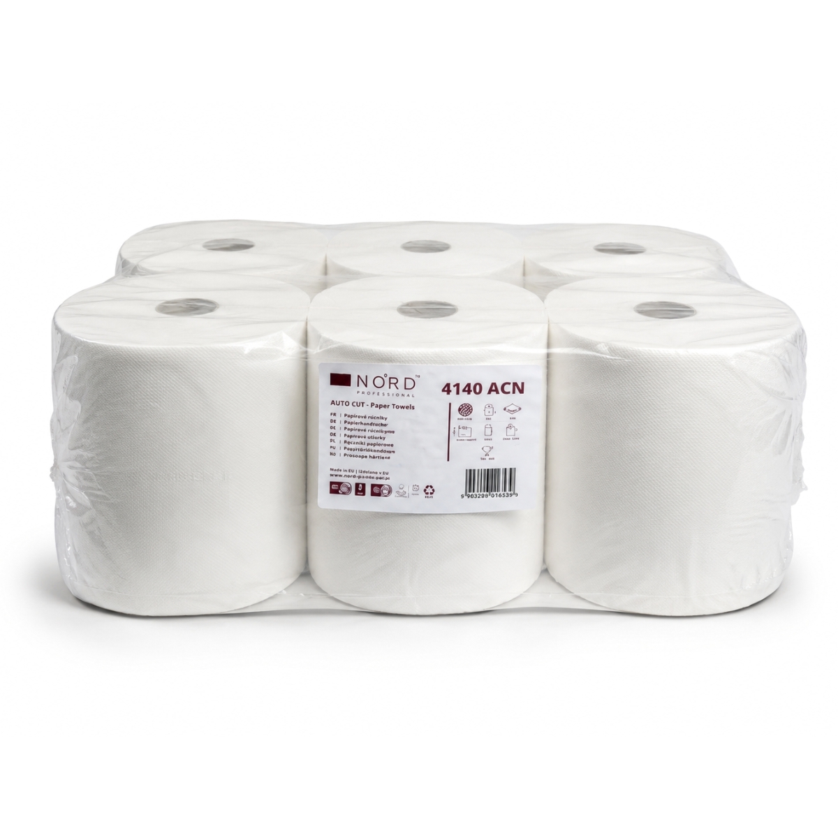 Bílé 2vrstvé papírové utěrky v roli, balení 6 kusů, průměr 19 cm.