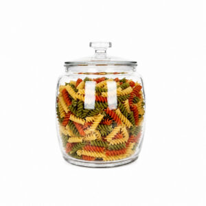 Průhledná skleněná nádoba s víkem, objem 1,5 l, zaoblený tvar, pro skladování potravin.