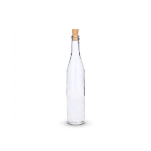 Štíhlá skleněná láhev o objemu 500 ml s korkovou zátkou. Vhodná na likéry, destiláty, sirupy i oleje.