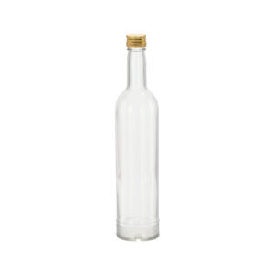 Čirá křišťálová láhev 500 ml, štíhlá, s dekorativním dnem a zlatým šroubovacím uzávěrem.