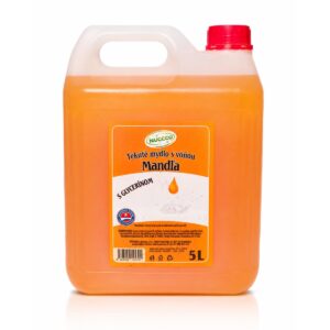 Průhledný plastový kanystr 5L s oranžovým tekutým mýdlem Mandle, s glycerinem a perletí.
