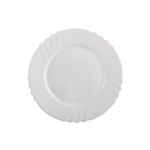 Bílý kulatý mělký talíř z opálového skla s vlnitým okrajem, průměr 25,5 cm.