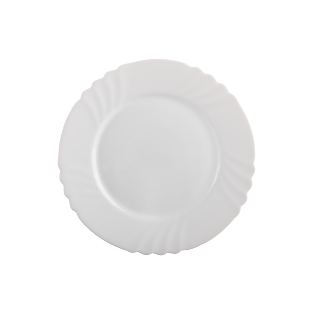 Bílý kulatý mělký talíř z opálového skla s vlnitým okrajem, průměr 25,5 cm.