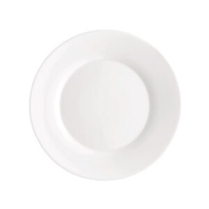 Bílý kulatý mělký talíř z opálového skla, průměr 25 cm, odolný pro gastro.