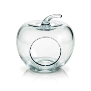Dekorativní čirá skleněná váza ve tvaru jablka s bočním otvorem, výška 17 cm, pro aranžmá.
