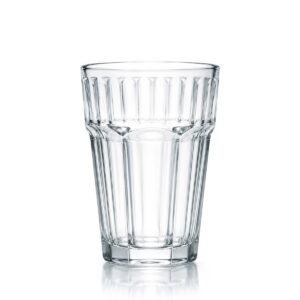 Čirý skleněný pohár s reliéfním vzorem, vyšší tvar, pevné dno, 300 ml.